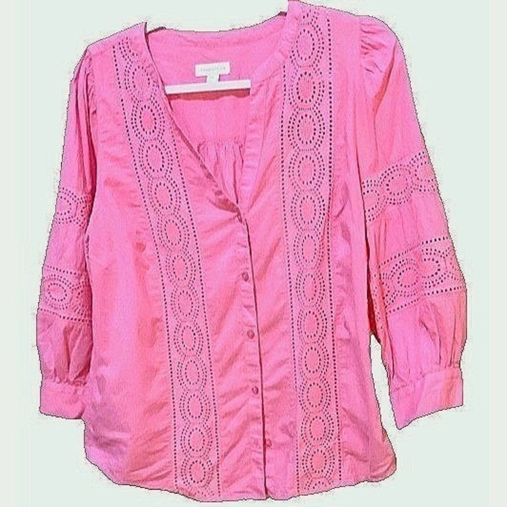 Charter Club Pink Eyelet Lace Cotton Blouse 3/4 Sleeve Button Front Top XL